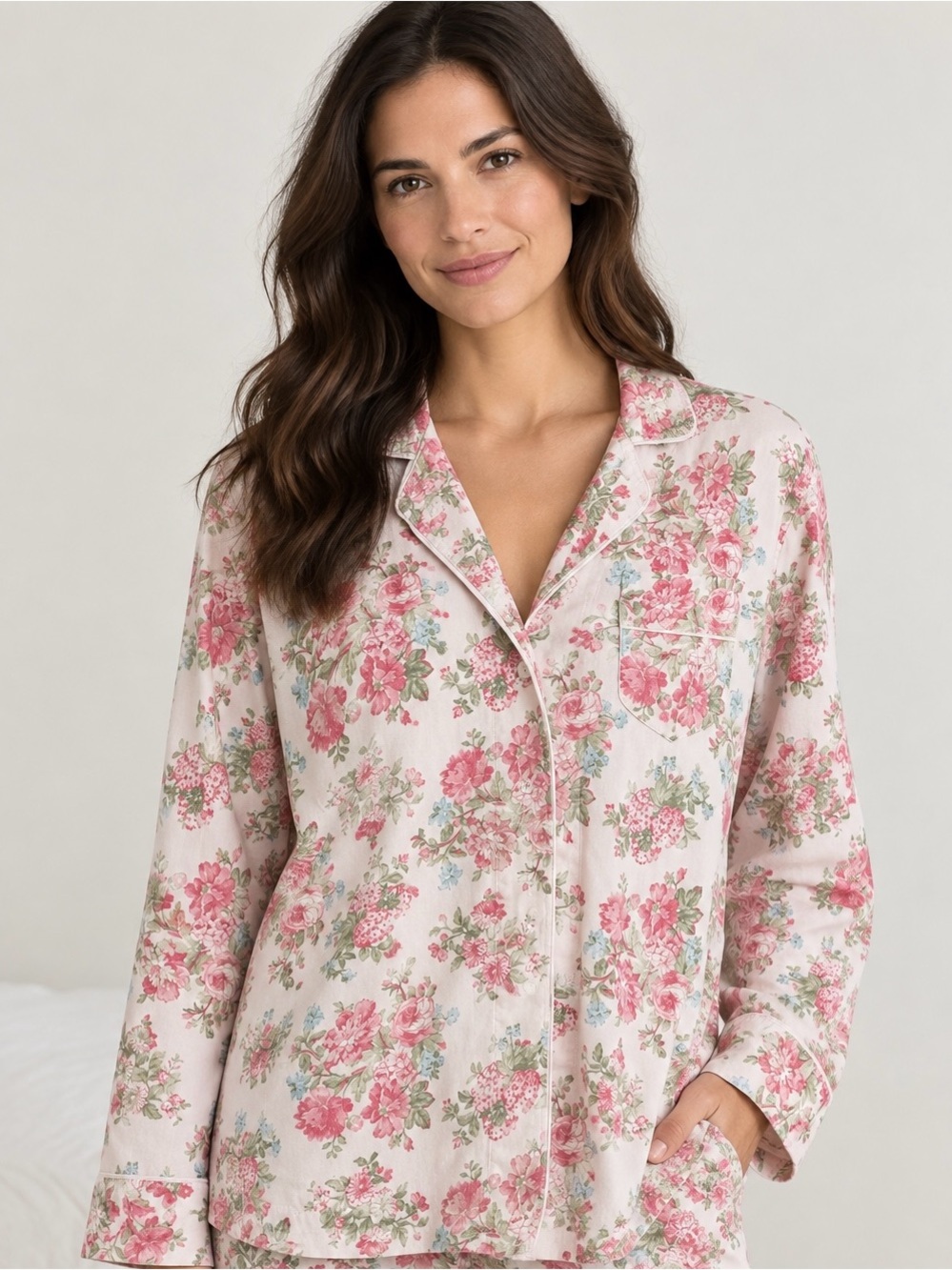 Lauren Ralph Lauren Floral Pajama Top Pink Rose Long Sleeve Button Up romantic